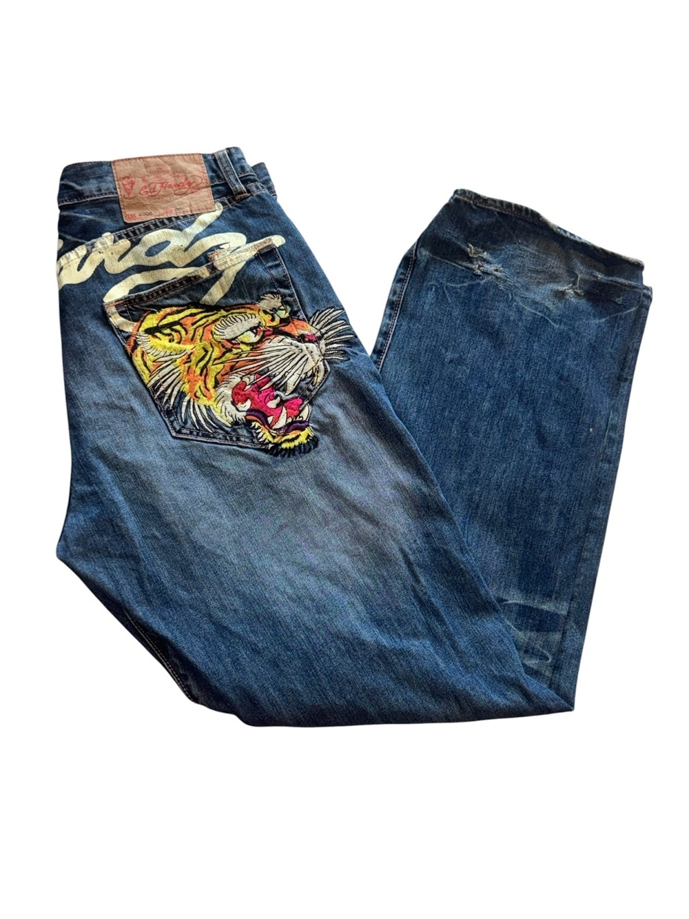 VINTAGE men’s ED HARDY 1990 big Tiger Embroidered Faded Denim Jeans sz 36 x 34
